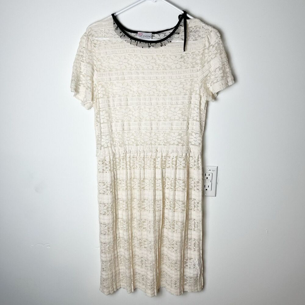 RED Valentino Cream Lace Fit & Flare Dress Black Tulle/Ribbon Accent XL Sheer